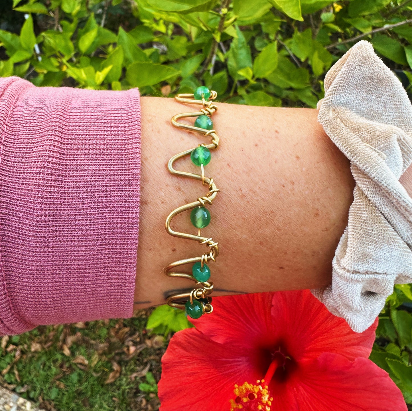 Green Agate Brass Wire Bracelet