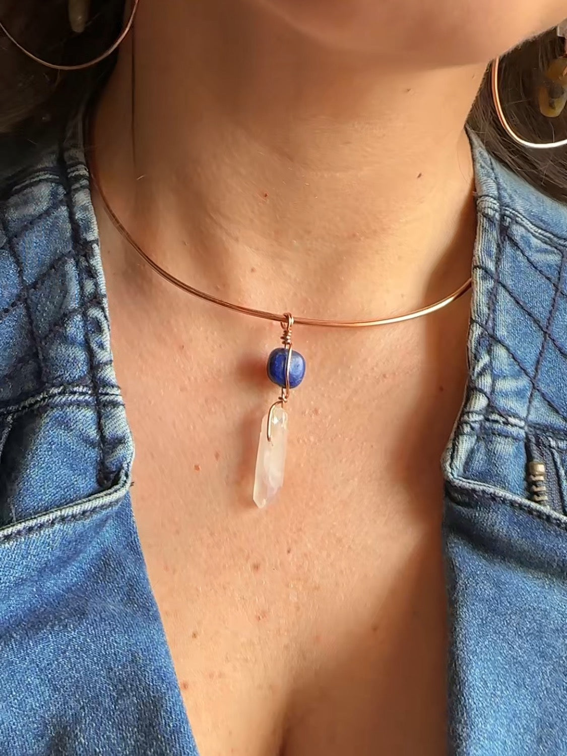 Lapis Lazuli & Quartz Crystal Wire Collar Necklace
