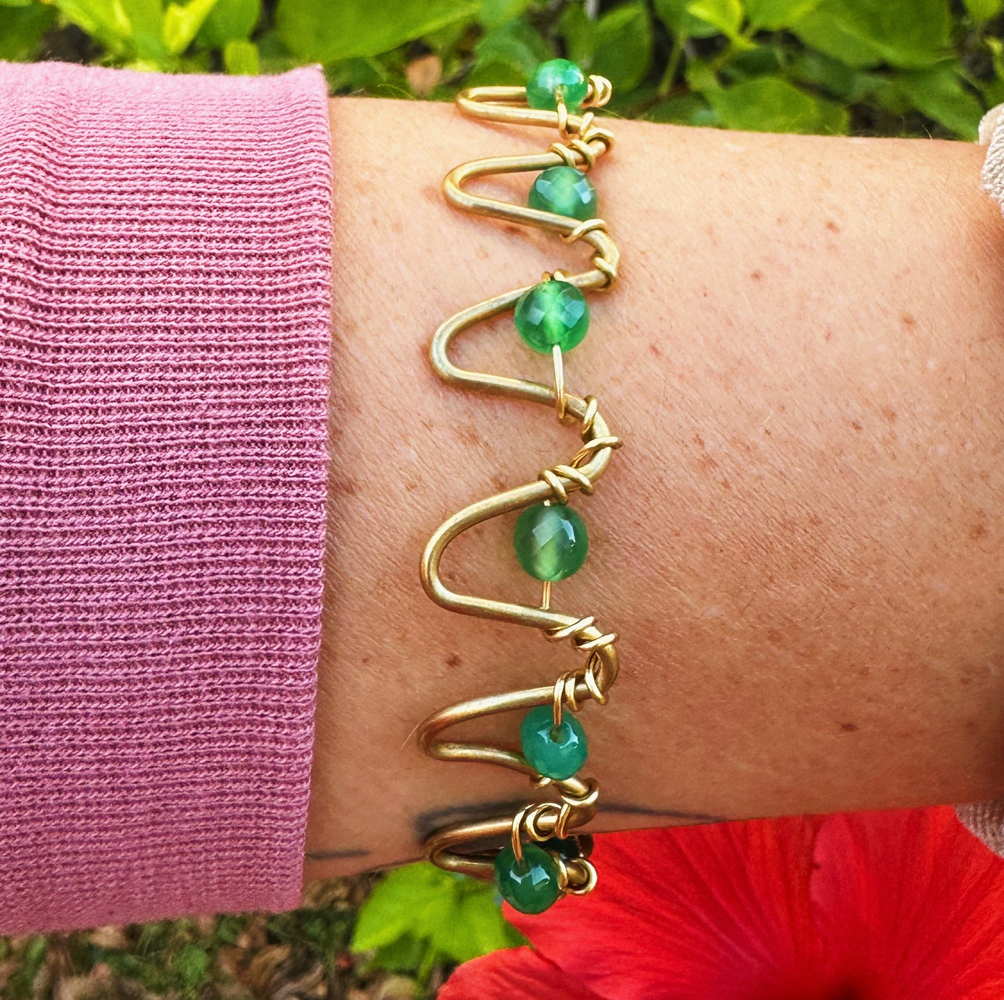 Green Agate Brass Wire Bracelet