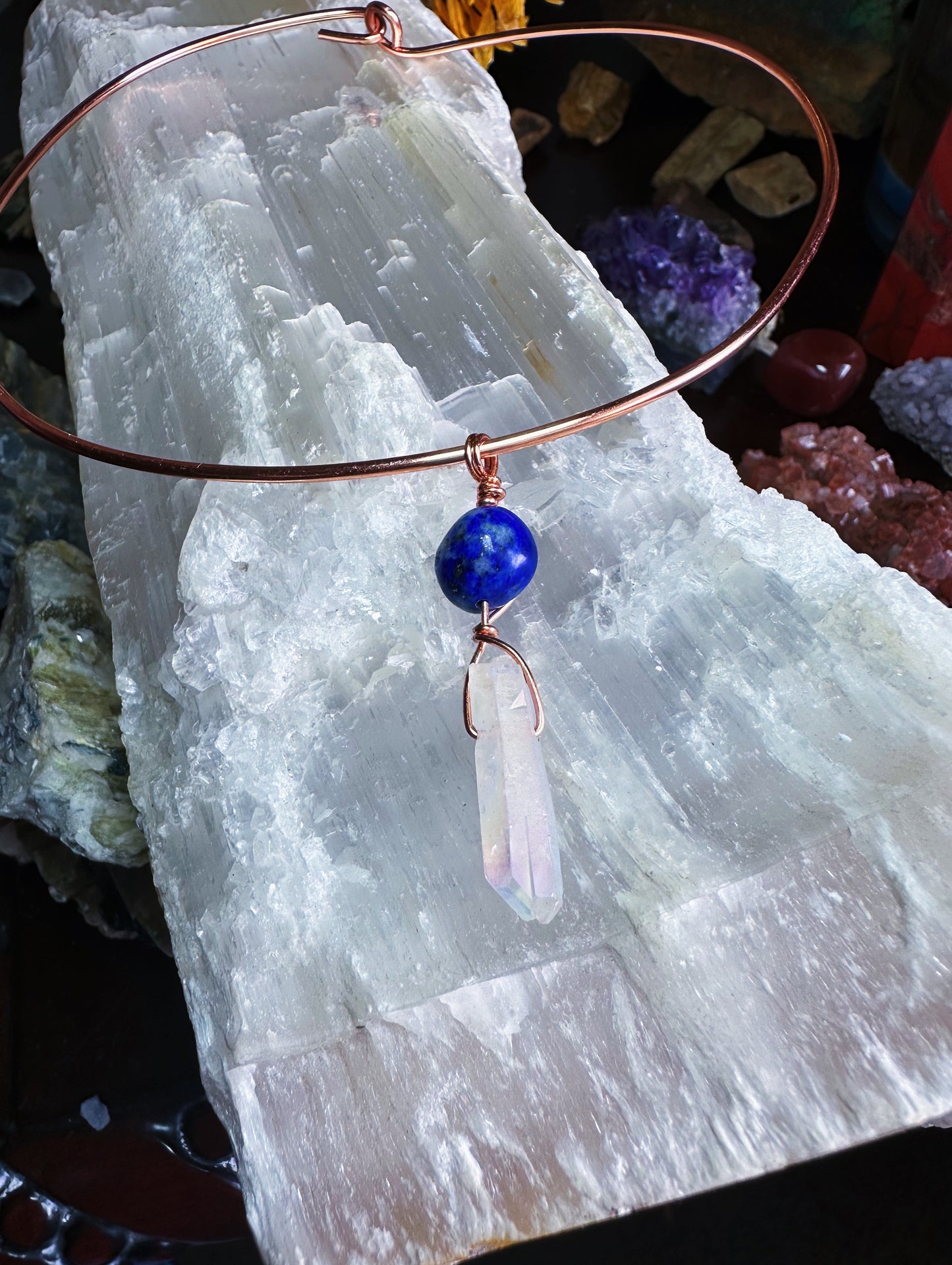 Lapis Lazuli & Quartz Crystal Wire Collar Necklace